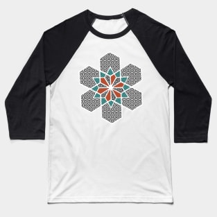 SNOWFLAKE GEOMETRIC DESIGN IN RED ORANGE, BLUE GREEN, and BLACK & WHITE STAR Baseball T-Shirt